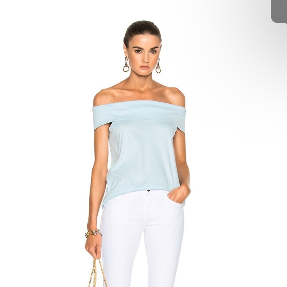 TIBI Mercerized Knit Off the Shoulder Top blue